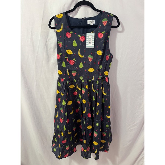 Tulip B Dresses & Skirts - Tulip B Dancing Fruit Print Dress Womens Medium Navy Blue Novelty Fit Flare NWT
